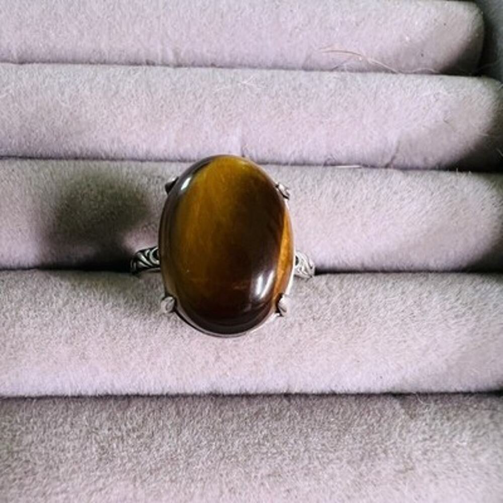 925 Sterling Silver Ring with Oval Brown Tiger's Eye Cabochon Gemstone -8